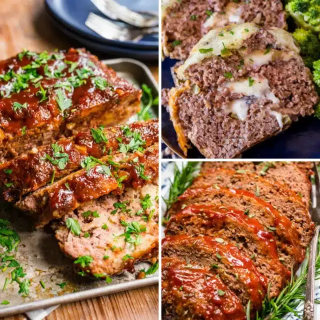 collage of three kinds of cooked meatloaves