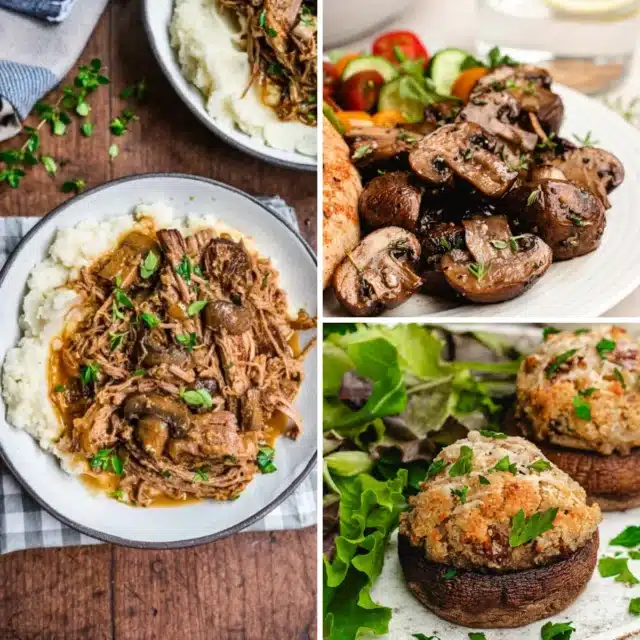 3-image collage with different mushroom dishes