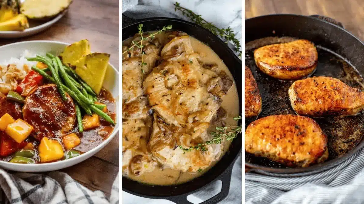 Photo collage with three pork chop recipes, Hawaiian, smothered, and boneless. 