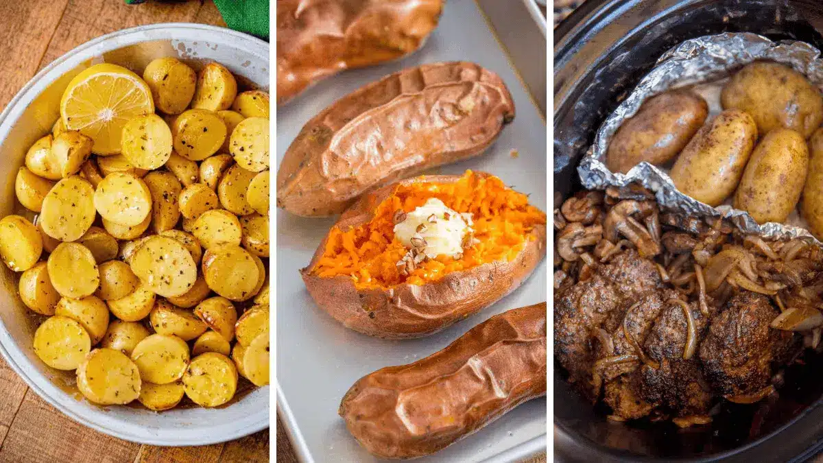 3-image collage of baby potatoes, sweet potatoes, and potatoes in a slow cooker