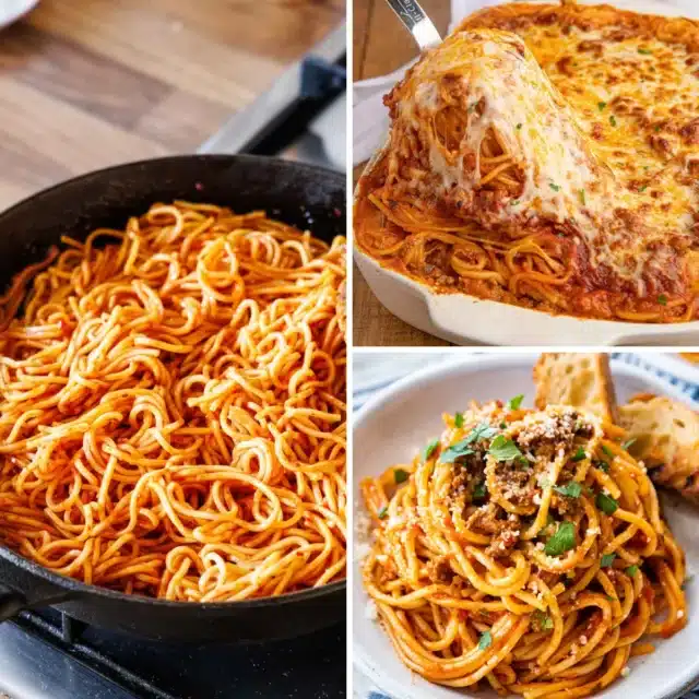 Collage of three spaghetti dinners