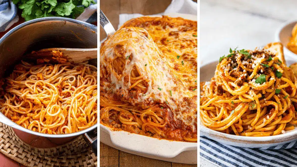 3-image collage of pasta dishes