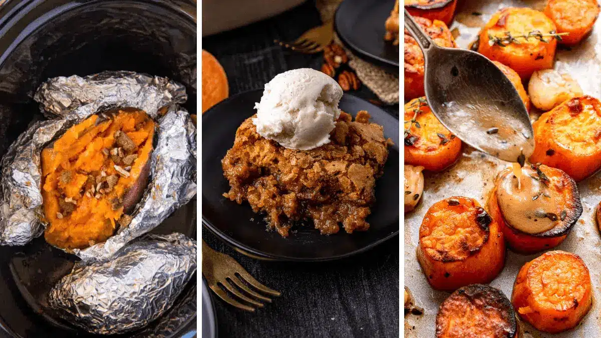 collage of sweet potato sides and desserts
