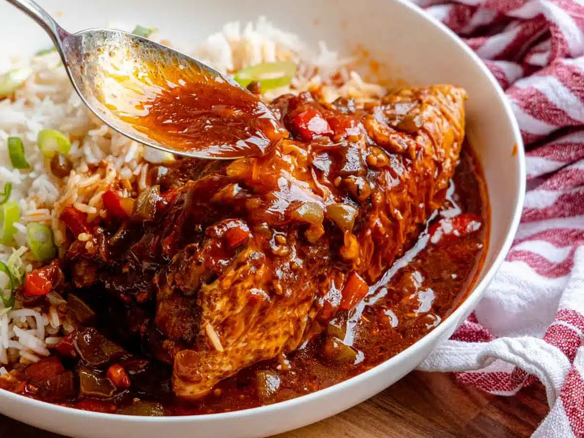Chicken in sauce with rice on dinner plate.