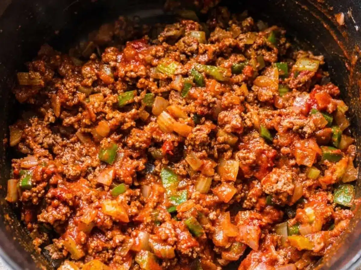 Ground meat, diced vegetables, and tomato sauce in pot.