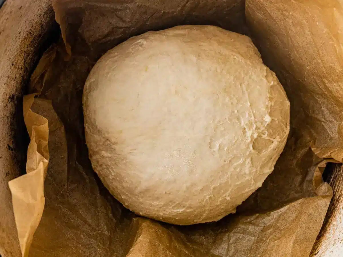 Risen dough in dutch oven.