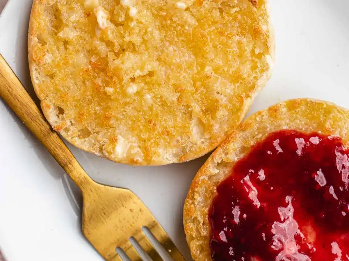 Breakfast bread with butter and jam.