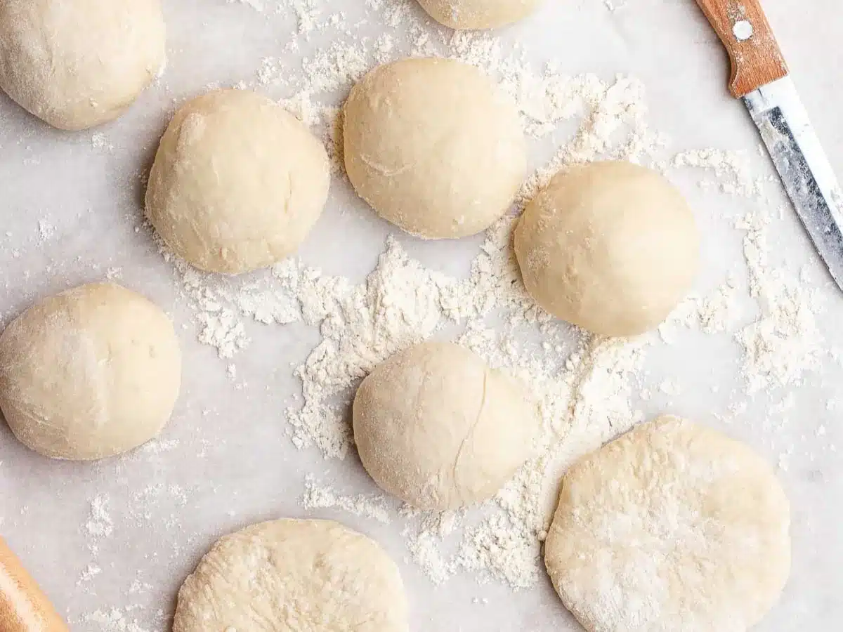 Balls of dough being pressed into flat rounds.