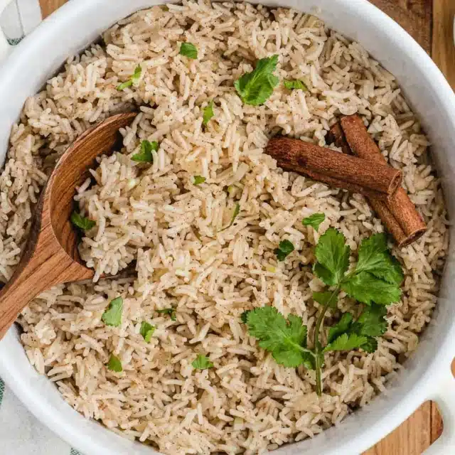 Serving dish with fragrant seasoned rice.