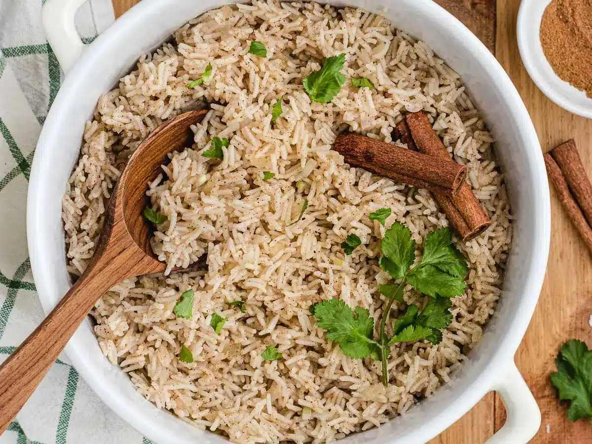 Serving dish with fragrant seasoned rice.