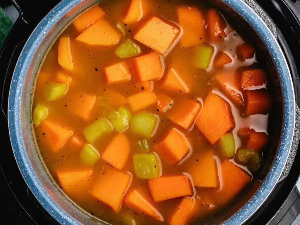 Diced vegetables and broth in Instant Pot.