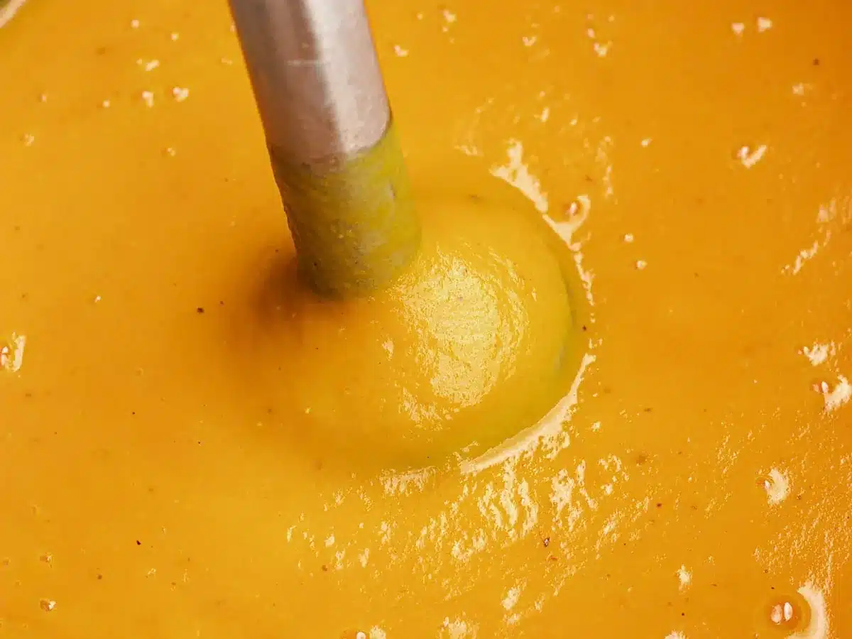 Immersion blender blending soup to creamy consistency.