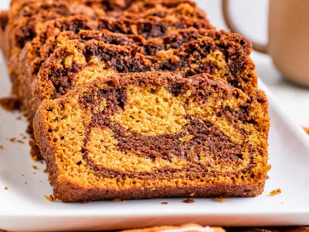 Slices of swirled bread on serving plate.
