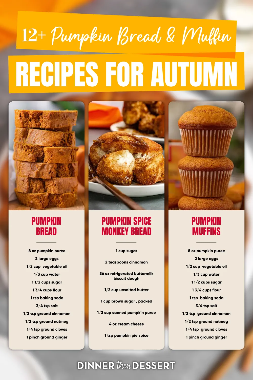 3 pumpkin recipes: bread, monkey bread, and muffins