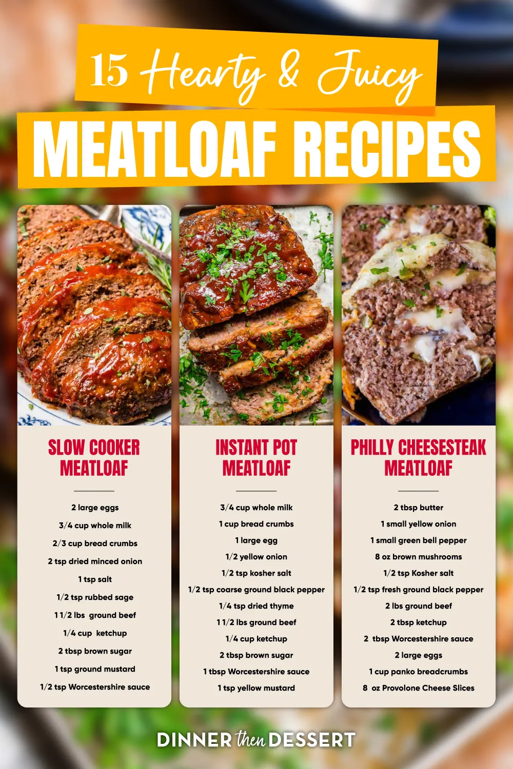 graphic with images of 3 kinds of meatloaf and ingredient list