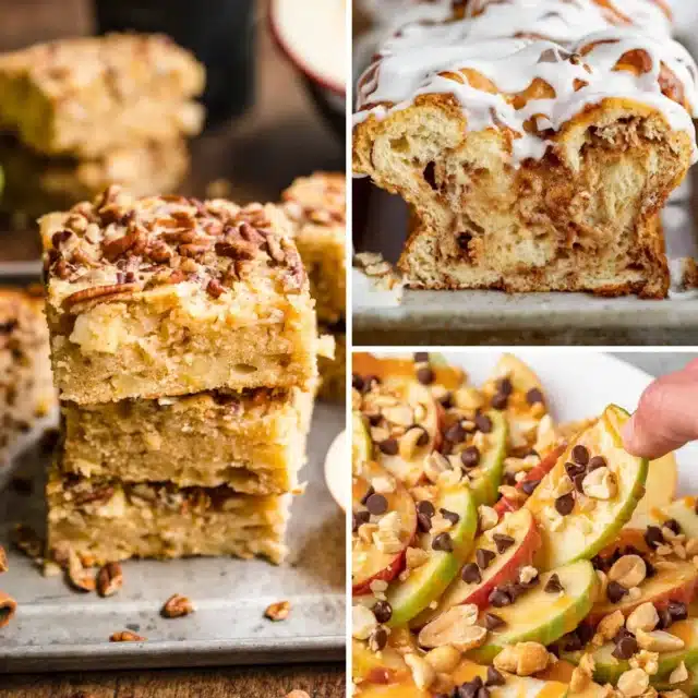 Collage of apple bars, bread, and apple slices