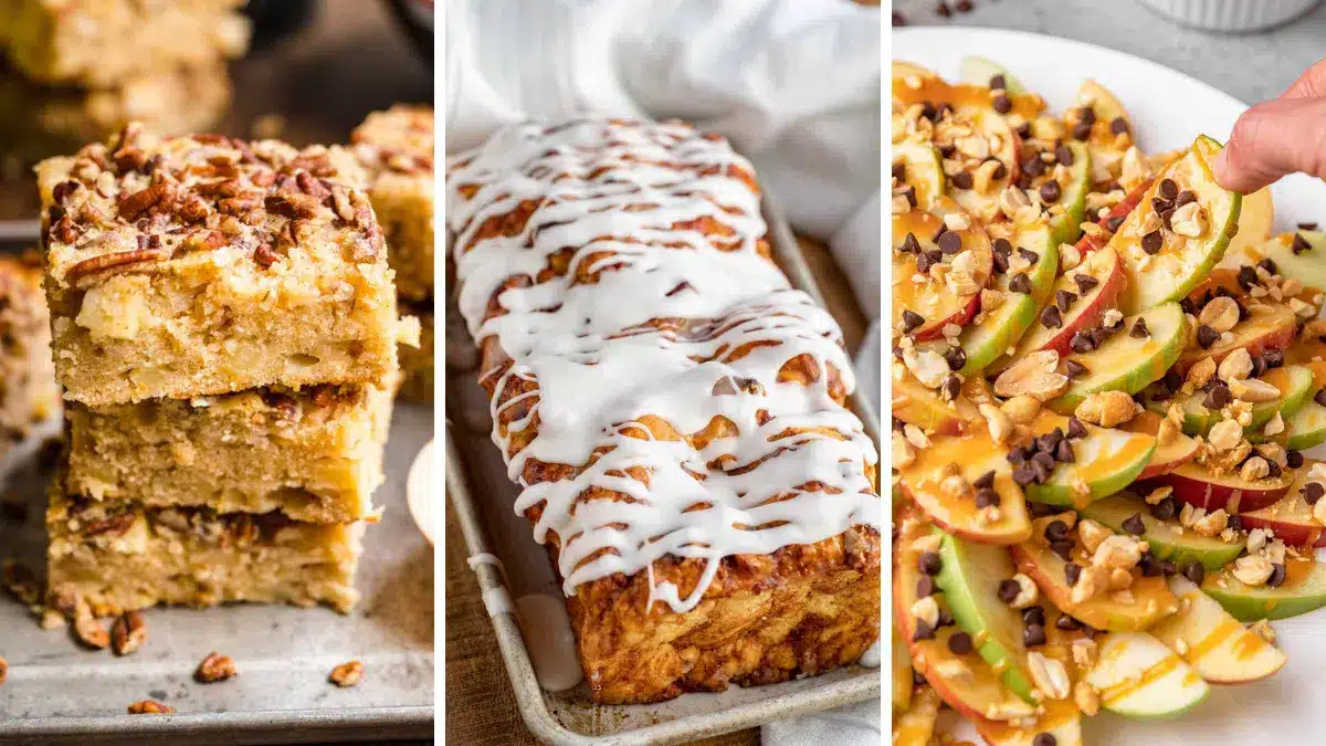 3-image collage of dessert bars, bread, sliced apples with caramel toppings