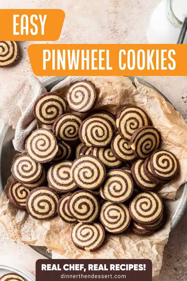Plate of cookies with chocolate and vanilla swirl.