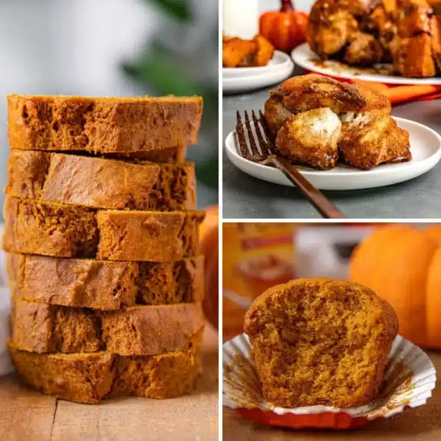 3-image collage of pumpkin baked goods