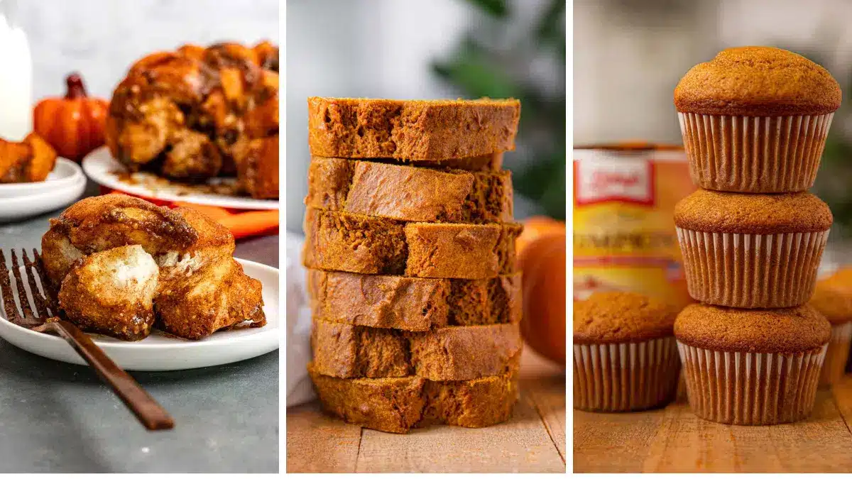 Photo collage of three monkey bread, pumpkin bread, and pumpkin muffins.