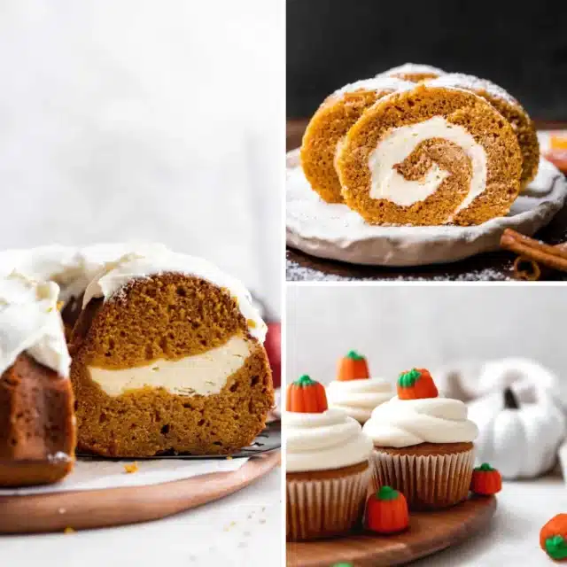 Photo collage with three pumpkin cake recipes, a roll, cheesecake bundt, and cupcakes.