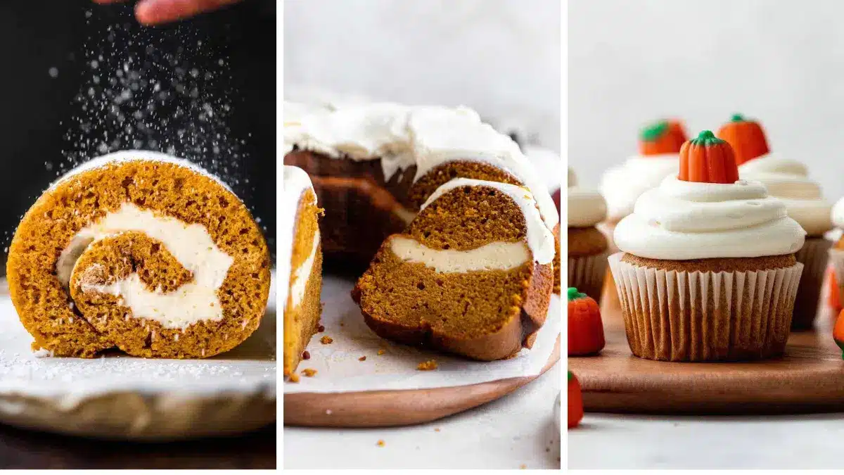 Collage of two kinds of pumpkin cake and cupcakes