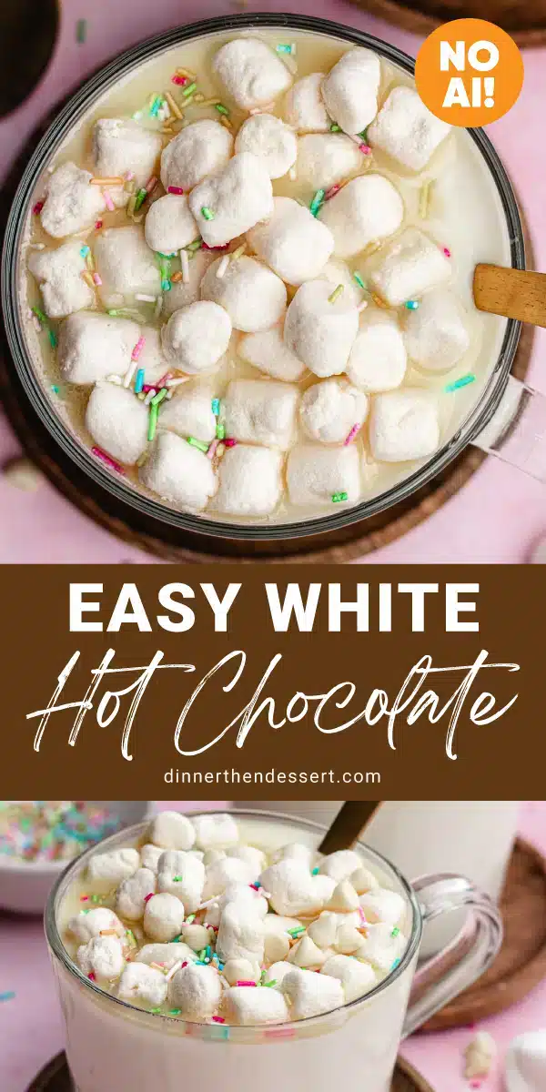 Hot, sweet and creamy beverage topped with sprinkles and whipped cream.