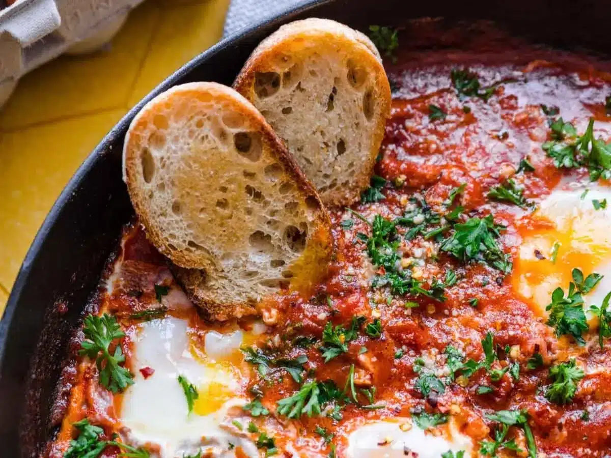 Shakshuka in dish with toasted baguette slices.