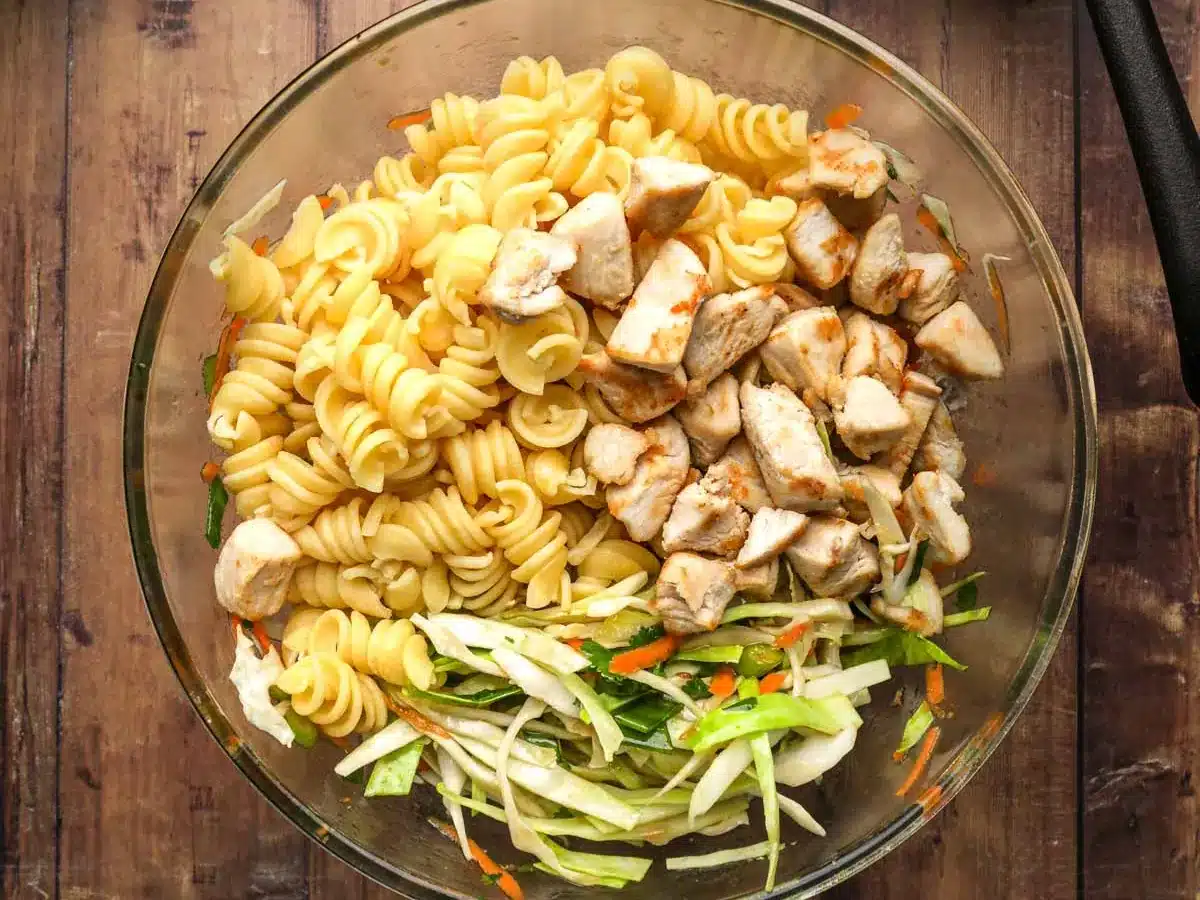 Cubed chicken, vegetables, and noodles in large mixing bowl.