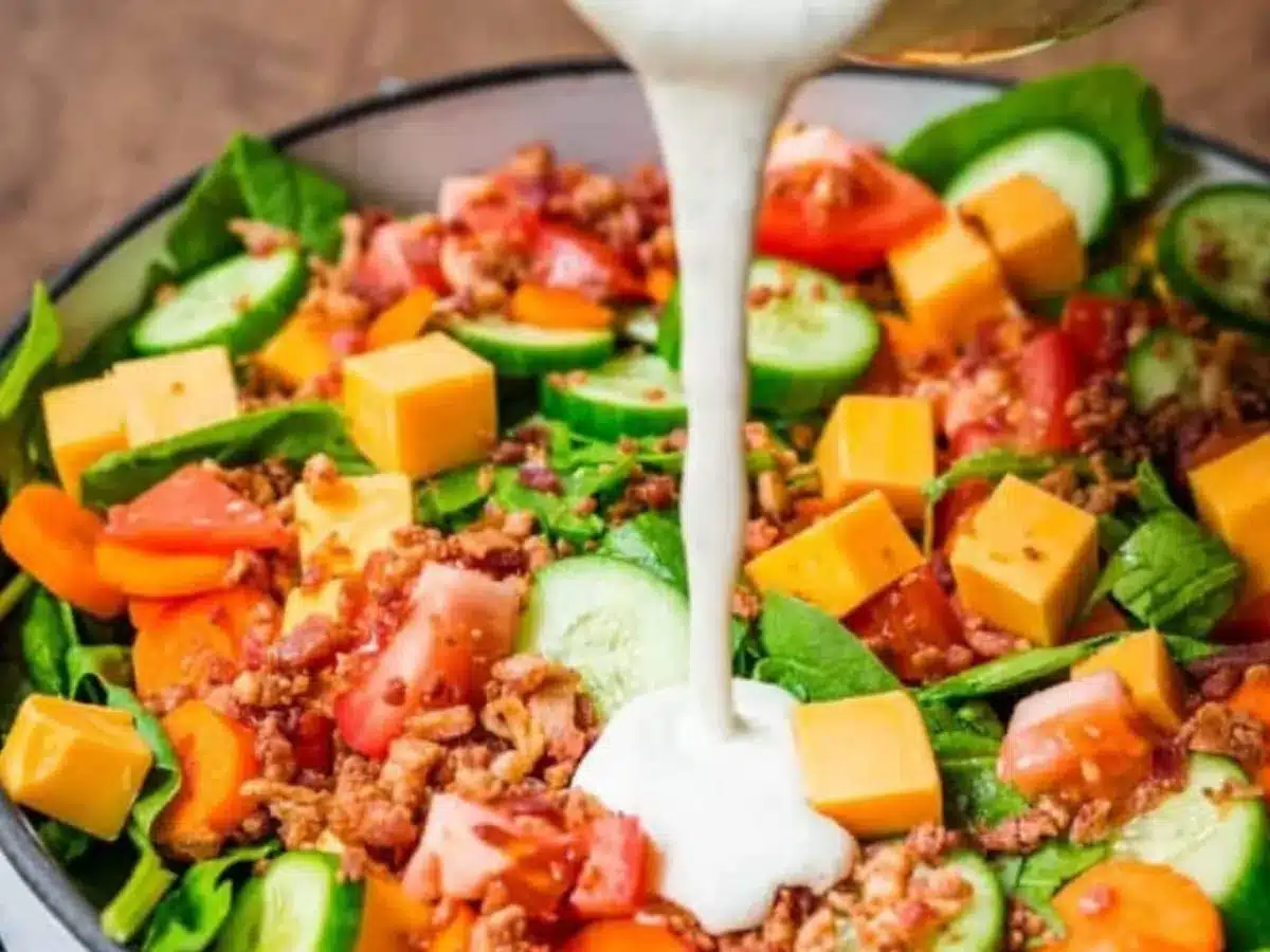 Creamy dressing being poured onto salad.