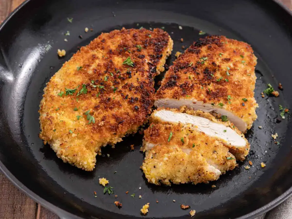 Pan fried chicken with bread crumb coating.