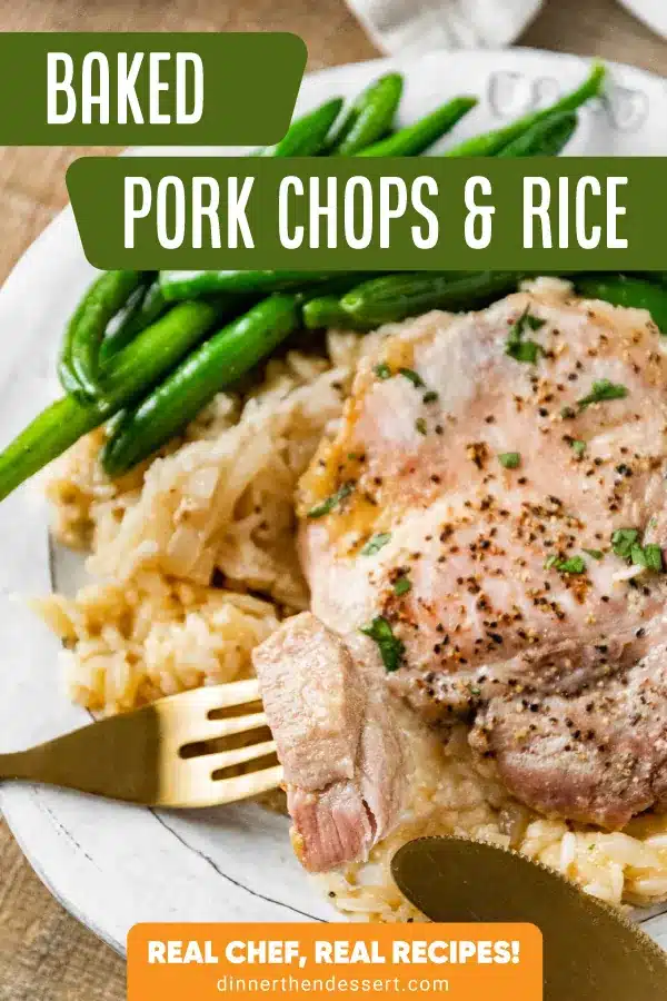 Dinner plate with pork, rice, and green beans.